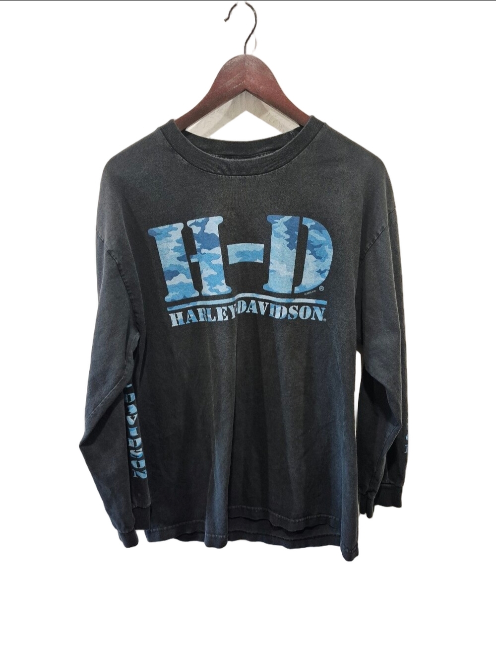 Vtg 2008 Harley Davidson Long Sleeve Shirt L Blue Camo Heritage Edmonton Alberta